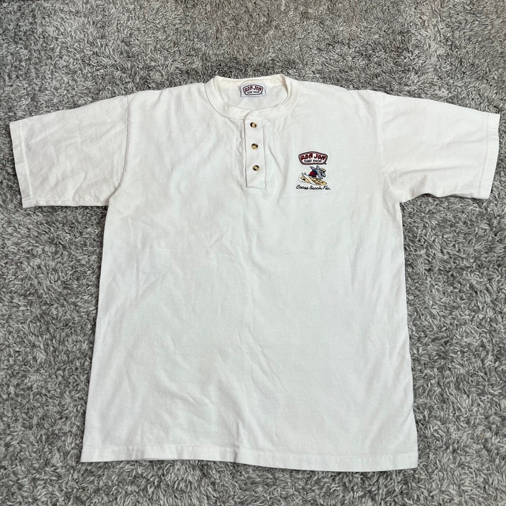 Vintage Ron Jon Surf Shop Cocoa Beach FL Embroidered Henley Shirt Medium White